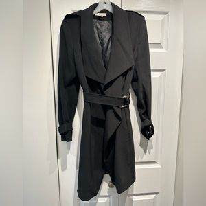 Black waterfall collar open trench coat with belt (sz 14) mid length, mid weight